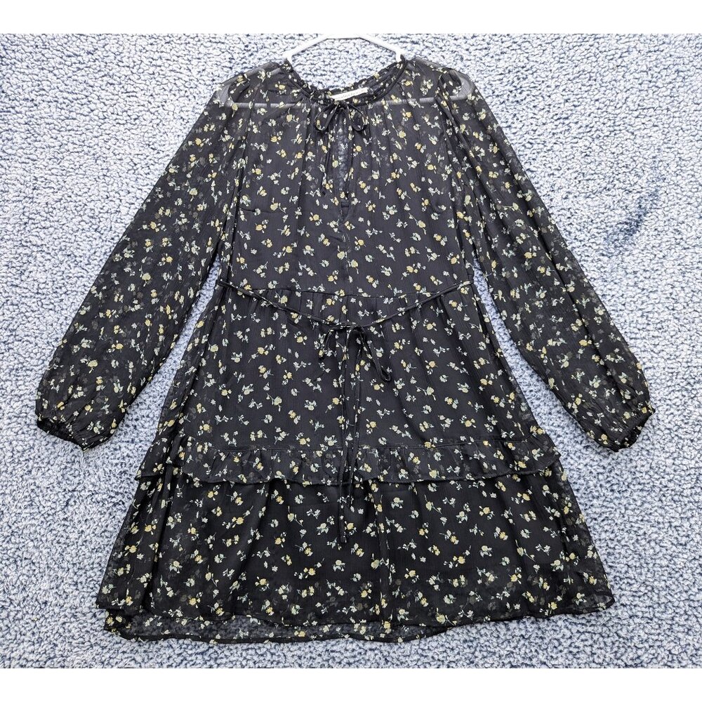 Abercrombie & Fitch Boho Floral Sheer Mini Dress Size M Cottage Drop Waist Black